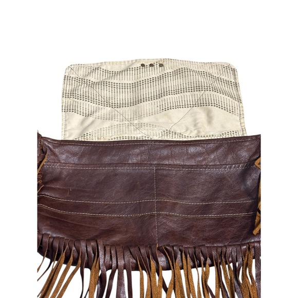 Boho Brown Leather Fringe Clutch Bag Brass Ring Detail Western Festival Bag - Picture 3 of 6